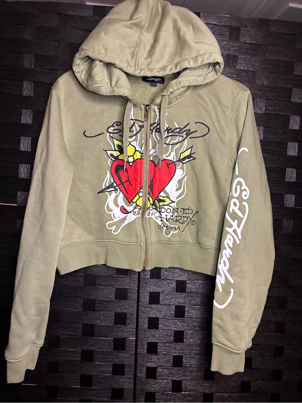 Ed Hardy Cropped Zip Up Hoodie Olive Green Twin Hearts Tattoo Graphic